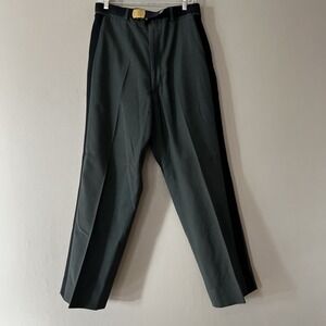 Vintage Military Pants Mens 34x31.5 Green Wool Dress Trousers & Belt Solid Brass